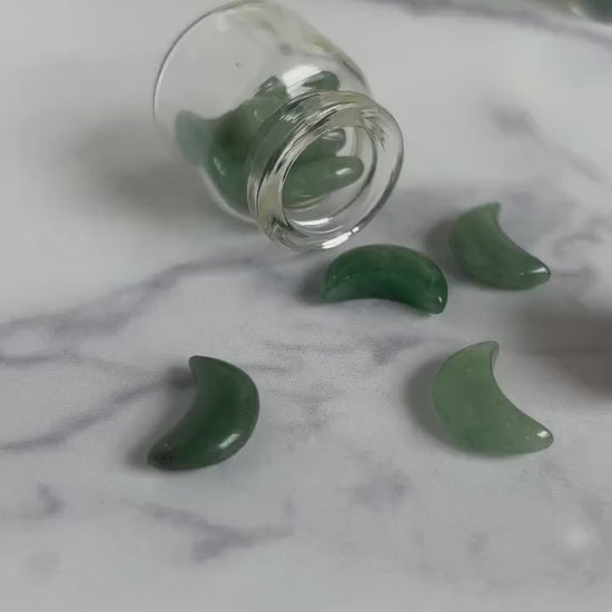 Moonshadow collection.  Adorable Green Aventurine mini moon shaped crystals in bottle with cork stopper wish bottle, includes 10 mini moons