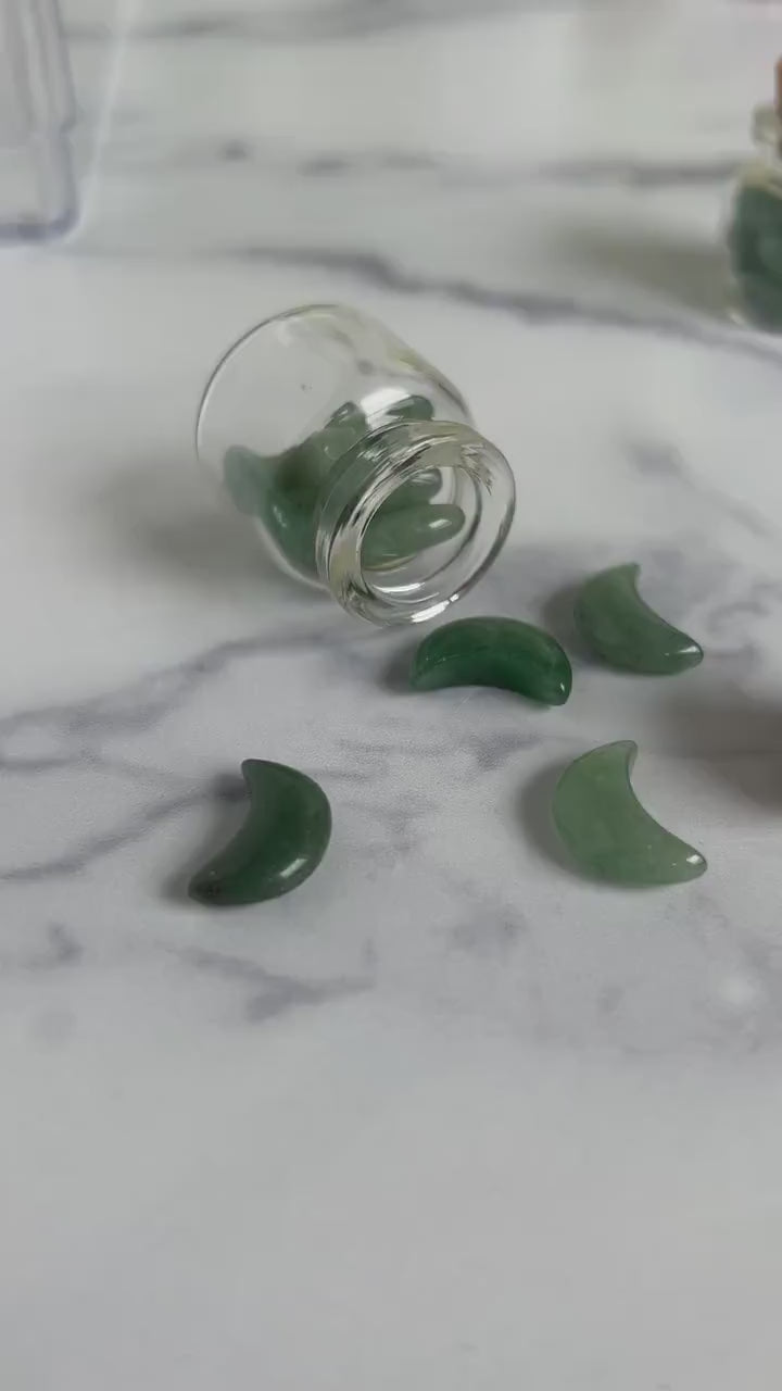 Moonshadow collection.  Adorable Green Aventurine mini moon shaped crystals in bottle with cork stopper wish bottle, includes 10 mini moons