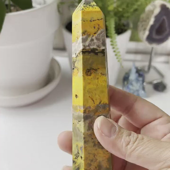 Bumble Bee Jasper Tower, bold and brightly colored crystal tower, 5 1/2 inches tall approx. 6.5 ounces.