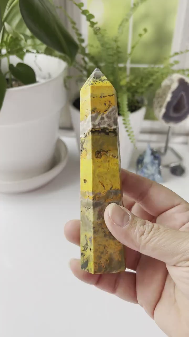 Bumble Bee Jasper Tower, bold and brightly colored crystal tower, 5 1/2 inches tall approx. 6.5 ounces.