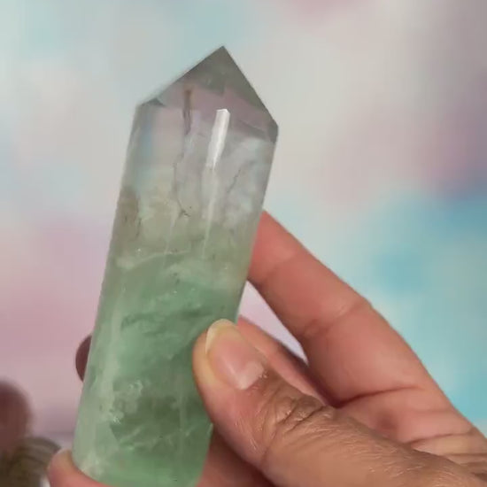 Stunning Fluorite Cylindrical base tower with wonderful clarity and gorgeous green color. Rainbow inclusion on top. (FCT-60)