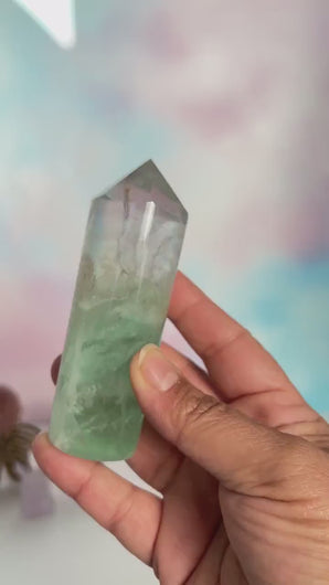 Stunning Fluorite Cylindrical base tower with wonderful clarity and gorgeous green color. Rainbow inclusion on top. (FCT-60)