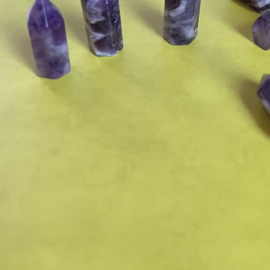 One (1) Amethyst mini point, 1.3 - 1.5 inch tall, Some with Chevron Pattern Mini Tower, Small, under ten dollars & perfect for beginners