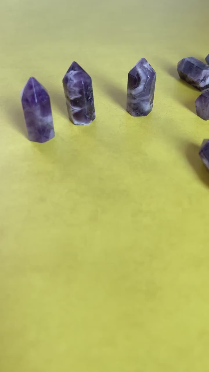 One (1) Amethyst mini point, 1.3 - 1.5 inch tall, Some with Chevron Pattern Mini Tower, Small, under ten dollars & perfect for beginners