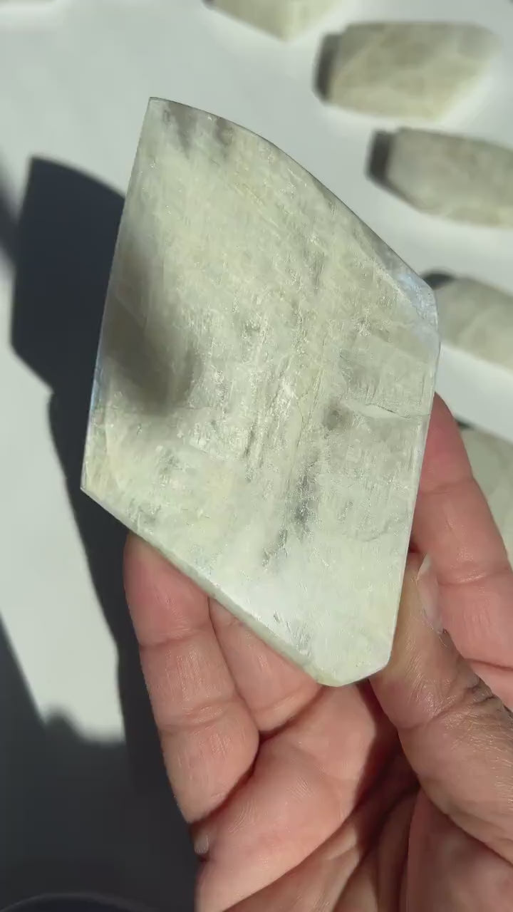 AA White Moonstone Free form with stunning Blue Flash 4 inches 6.8 ounces  (2 -68) Very Flashy Moonstone Blue.