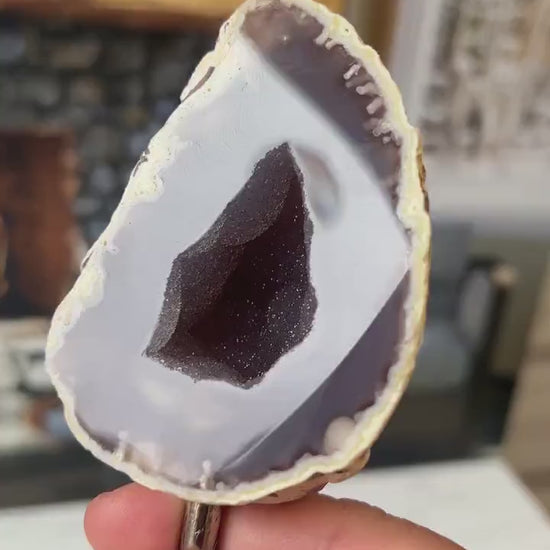 Dazzling Agate Geode with Druzy center mounted on Silver Pin Stand approx 6 inches tall (geo-pin-1)