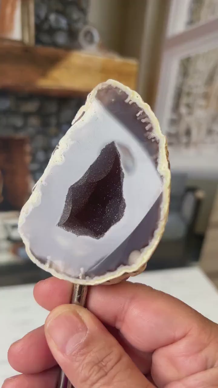 Dazzling Agate Geode with Druzy center mounted on Silver Pin Stand approx 6 inches tall (geo-pin-1)