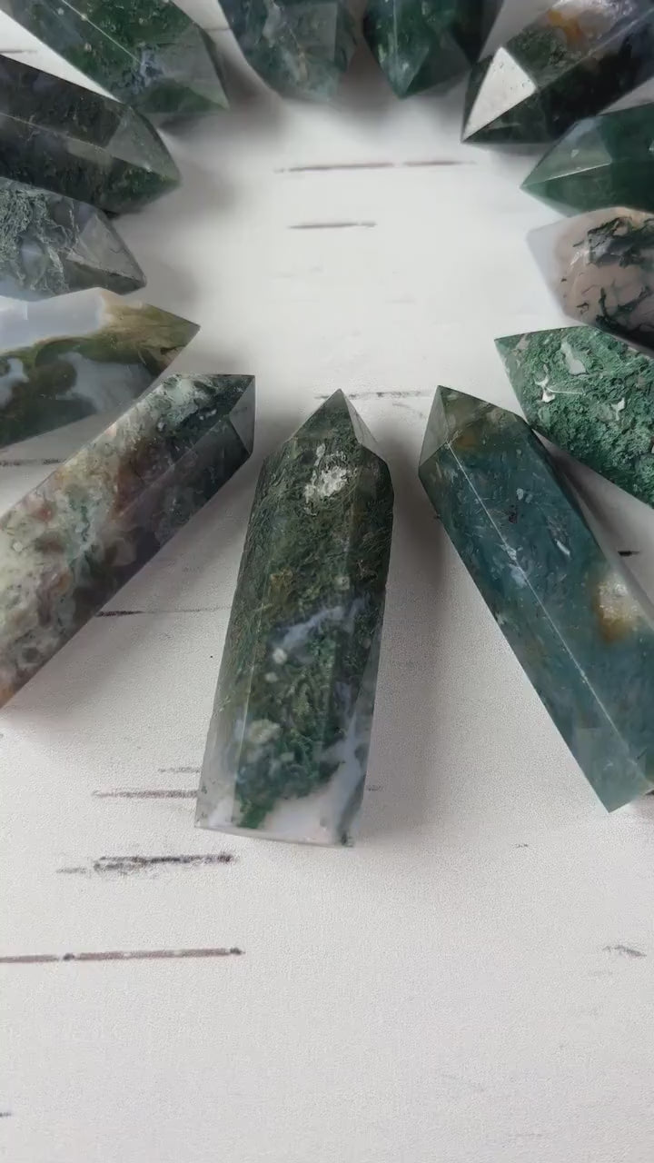 1 (one) Beautiful Moss Agate Small Tower approx. 2 inches, Intuitively Chosen for you.