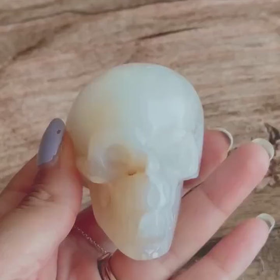 Flower Agate and Quartz Crystal Skull with soft subtle banding, Beautiful Agate Crystal Skull, Neutral tone decor (ChalSKULL-1)