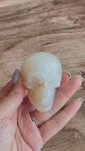 Load and play video in Gallery viewer, Flower Agate and Quartz Crystal Skull with soft subtle banding, Beautiful Agate Crystal Skull, Neutral tone decor (ChalSKULL-1)
