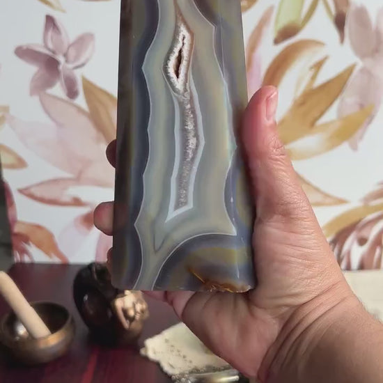 Gorgeous Agate Tower, with swirling colors throughout stands 7 1/2 inches and weighs 2.5 pounds  (AG-T-1)