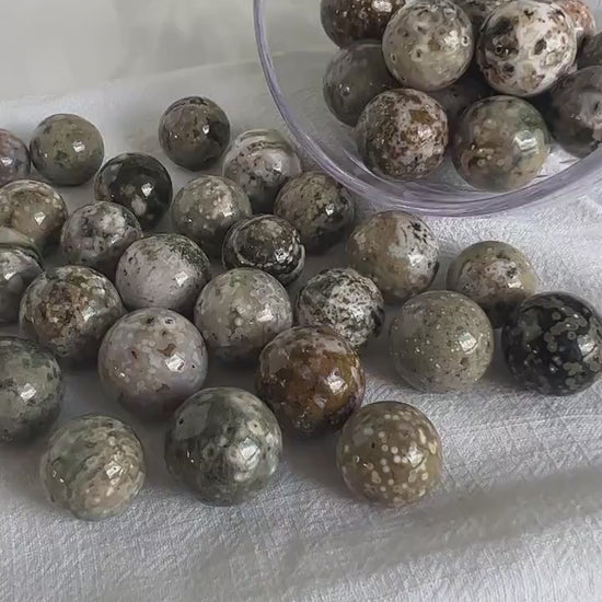 Incredible Sea Jasper, also known as Ocean Jasper and orbicular jasper,  mini spheres, Random pull,  mini stand included.