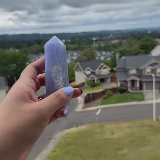 Blue Lace Agate Tower with gorgeous patterns that are both orbicular and lacey. A truly stunning and unique piece.