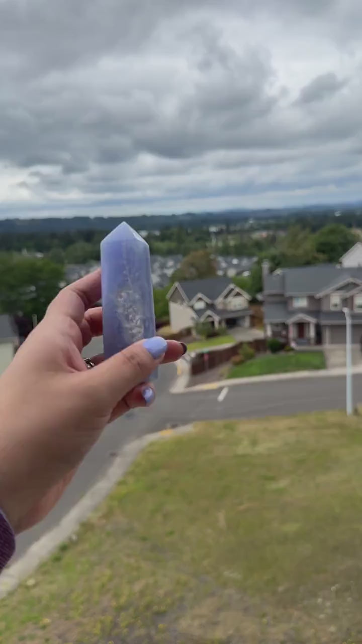 Blue Lace Agate Tower with gorgeous patterns that are both orbicular and lacey. A truly stunning and unique piece.