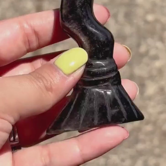 Silver Sheen Obsidian Witches Broom Carving | Handcrafted Gemstone Broomstick | Unique Witchy Decor