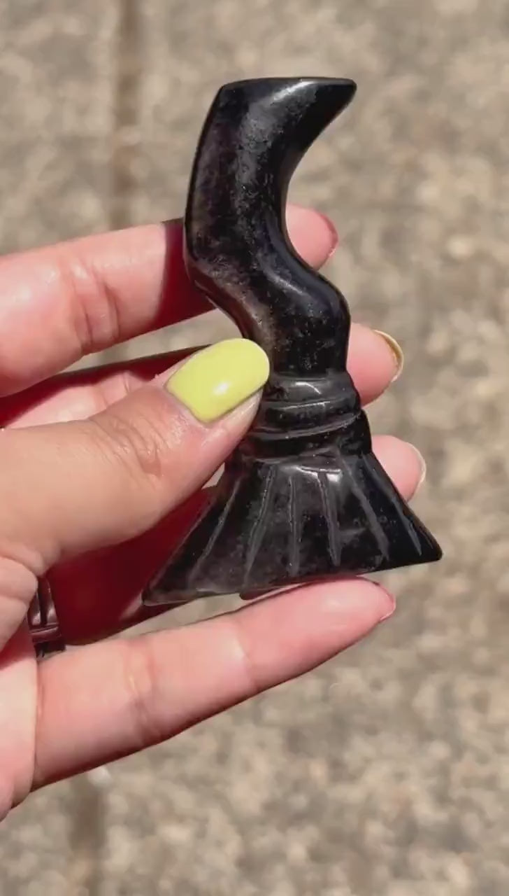 Silver Sheen Obsidian Witches Broom Carving | Handcrafted Gemstone Broomstick | Unique Witchy Decor