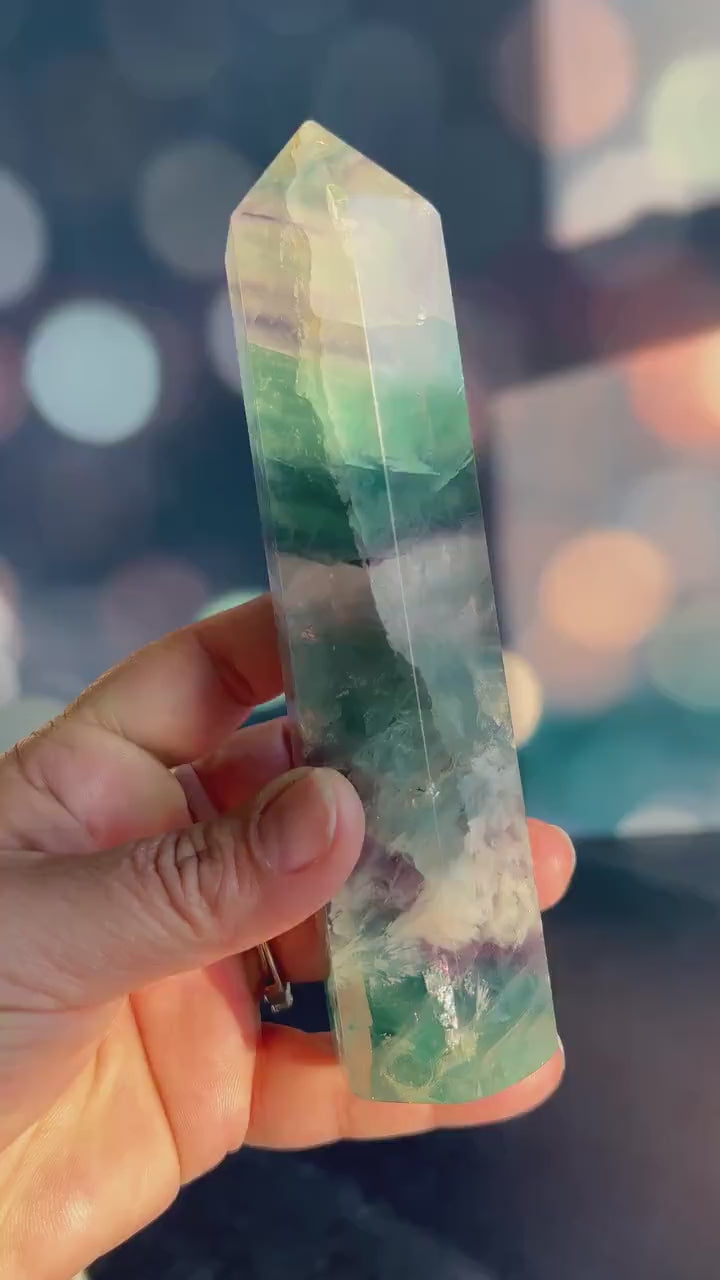 Stunning Rainbow Fluorite with snowflake/feather pattern stands 6 1/2 inches tall weighs approx 1 pound