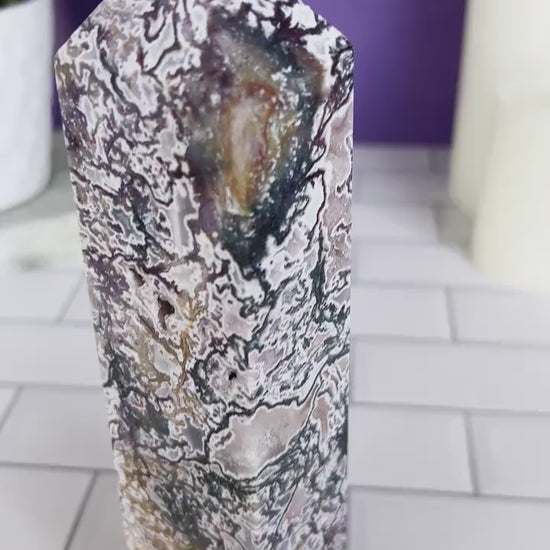 Incredible Pink Moss Agate Tower with Druzy crystal,  2.17 pounds, 9 1/4 inches, 4 sided Statement piece, CottageCore, FairyCore, Boho Decor