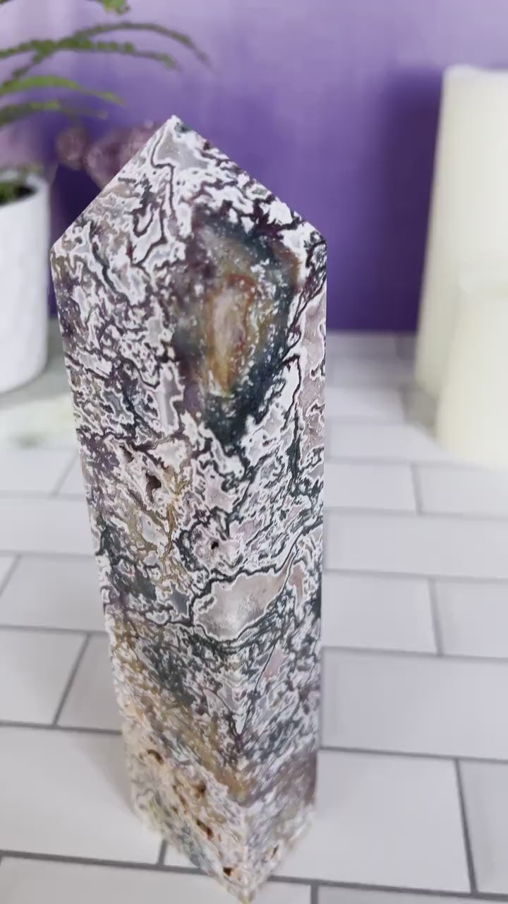 Incredible Pink Moss Agate Tower with Druzy crystal,  2.17 pounds, 9 1/4 inches, 4 sided Statement piece, CottageCore, FairyCore, Boho Decor