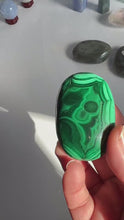 Load and play video in Gallery viewer, Congo Malachite Palm Stone with gorgeous pattern, High Quality and Shine surface, 2 3/8 inches 2.9 ounces
