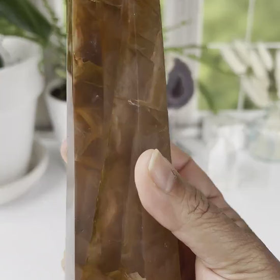 Golden Healer Quartz Tower, 6 1/2 inches tall, also known as Yellow Hematoid Quartz, Polished rich colored tower with rainbows crystal