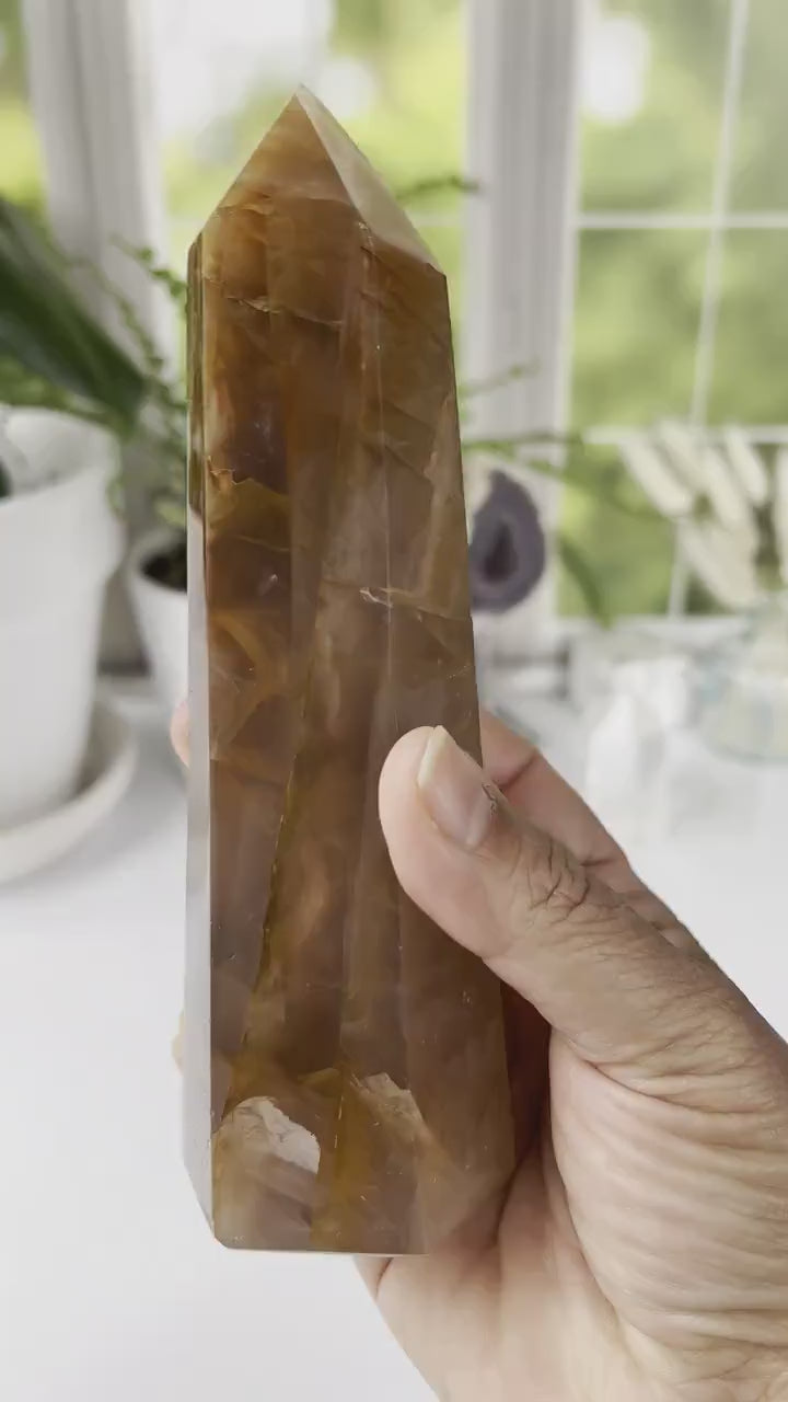 Golden Healer Quartz Tower, 6 1/2 inches tall, also known as Yellow Hematoid Quartz, Polished rich colored tower with rainbows crystal