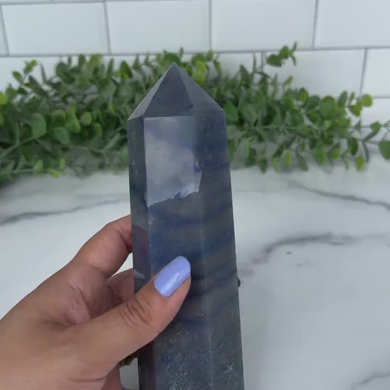 Blue Aventurine Crystal Tower, 6.5 Inch Decorative Blue Gemstone, Large 6 sided tower