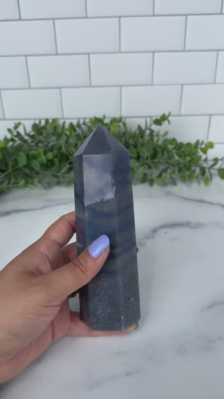 Blue Aventurine Crystal Tower, 6.5 Inch Decorative Blue Gemstone, Large 6 sided tower