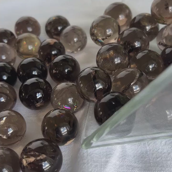 Stunning high-quality all-natural SMOKY QUARTZ spheres from Brazil (randomly chosen) with bright rainbows, One (1)  20-25mm