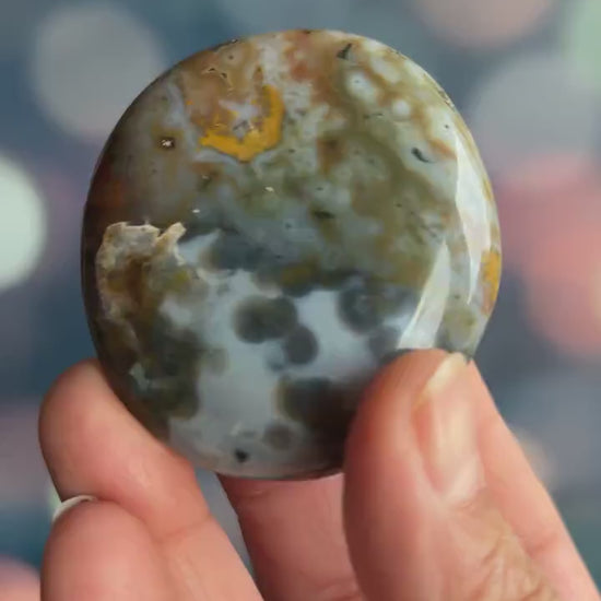 Incredible 8th Vein OJ (Ocean Jasper) Palm Stone with detailed fish eye orbs