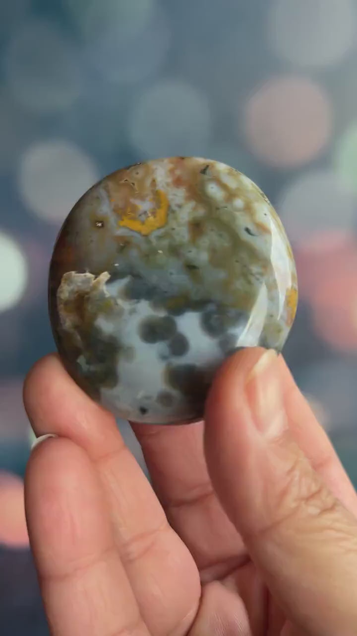 Incredible 8th Vein OJ (Ocean Jasper) Palm Stone with detailed fish eye orbs