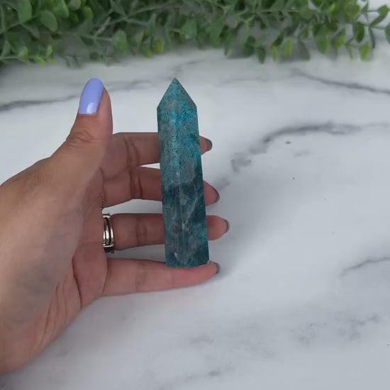 Blue Apatite Crystal Tower,  3 3/4 inch Blue Crystal Gemstone Decor for home or office. Great gift for rockhounds and crystal lovers.