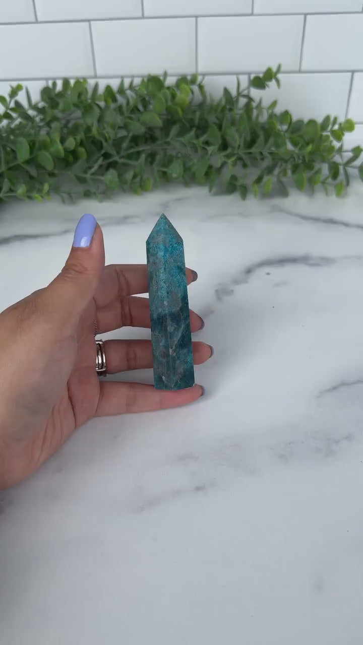 Blue Apatite Crystal Tower,  3 3/4 inch Blue Crystal Gemstone Decor for home or office. Great gift for rockhounds and crystal lovers.