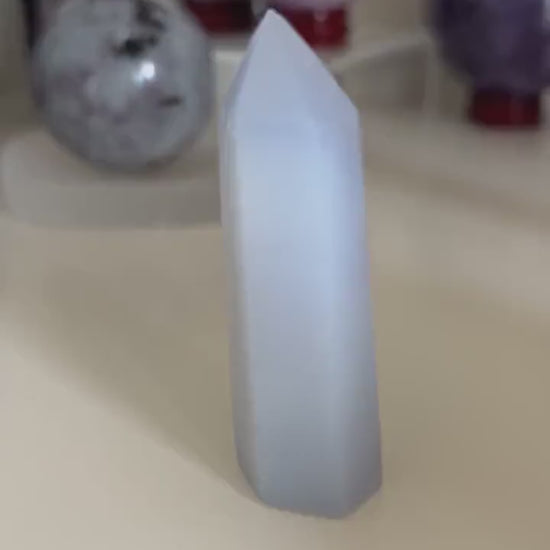 Pretty Blue Chalcedony Tower 2 1/2 inches tall with slight lean and tiny chip in tip. *Discounted*