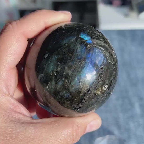 Gorgeous AA+ Labradorite Sphere (73mm) with stunning flash. Acrylic stand included