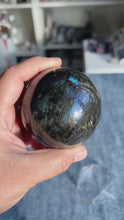 Load and play video in Gallery viewer, Gorgeous AA+ Labradorite Sphere (73mm) with stunning flash. Acrylic stand included
