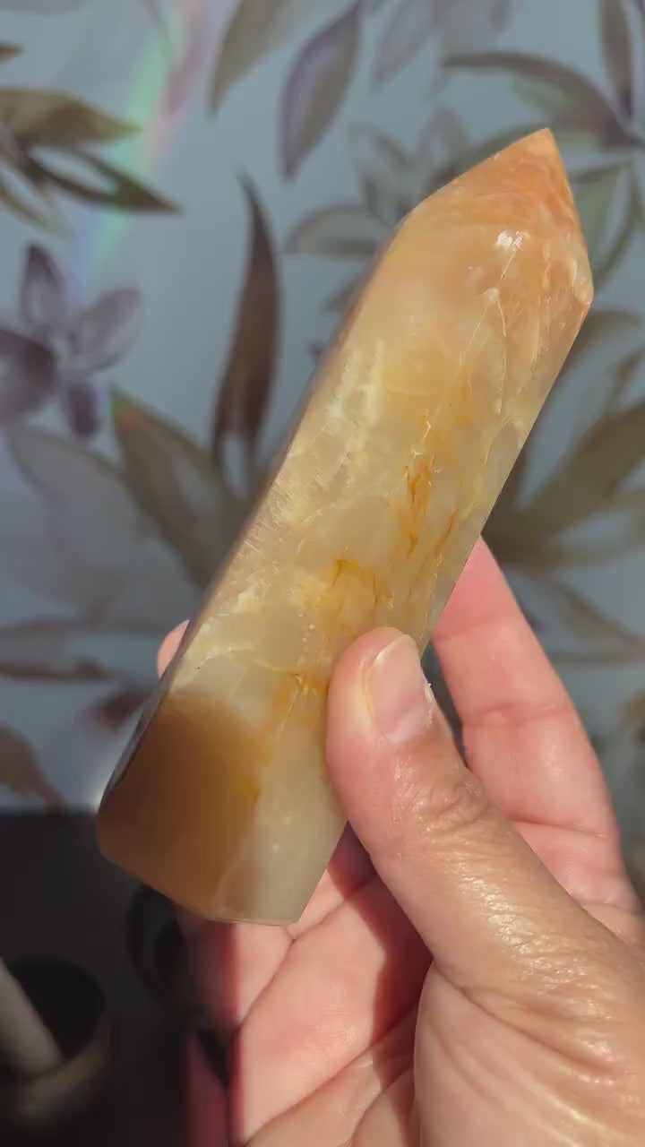 Stunning Peach Moonstone Tower is super flashy on two sides. It stands 5 1/2 inches tall and weighs 12. ounces (PMT-1)