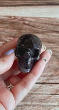 Load and play video in Gallery viewer, Black Onyx Crystal Skull | Stunning Gemstone Skull | Gothic Halloween Decor for lovers of the macabre and esoteric (smokyskull_1)
