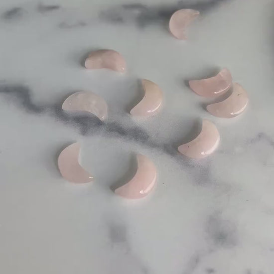 Moonshadow collection.  Adorable Rose quartz mini moon shaped crystals in bottle with cork stopper wish bottle, includes 10 mini moons
