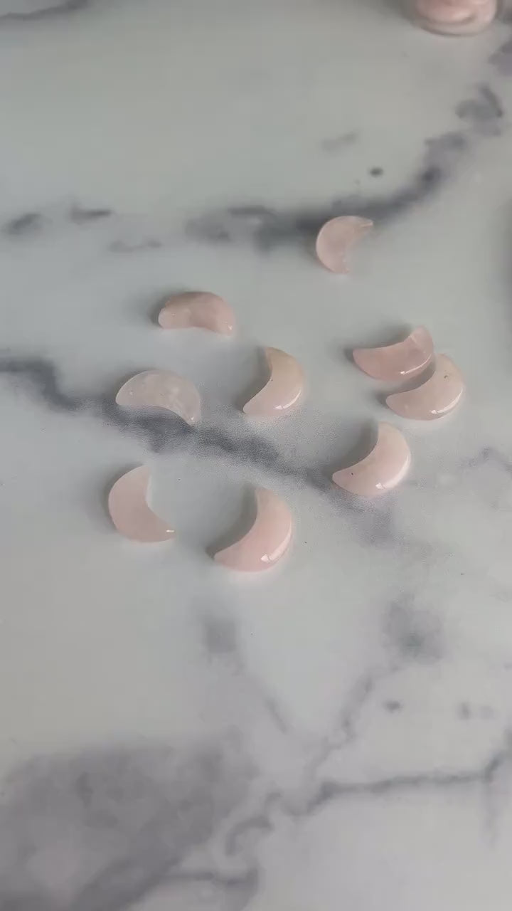 Moonshadow collection.  Adorable Rose quartz mini moon shaped crystals in bottle with cork stopper wish bottle, includes 10 mini moons