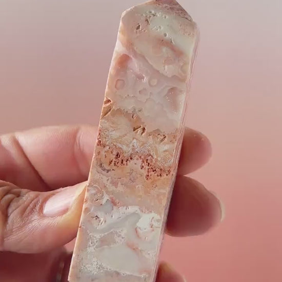 Pink Lace Agate Natural Stone Tower aprox 3 1/2 inches tall weighs 3.7 oz. with stunning druzy