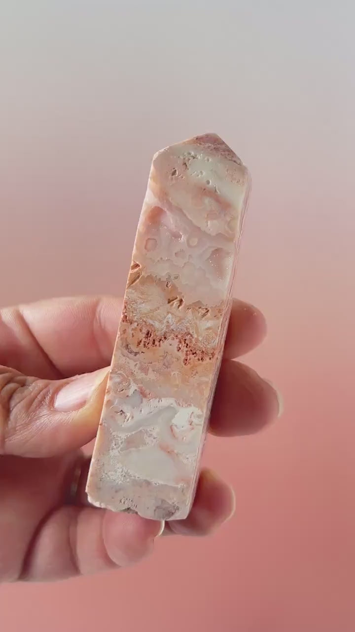 Pink Lace Agate Natural Stone Tower aprox 3 1/2 inches tall weighs 3.7 oz. with stunning druzy