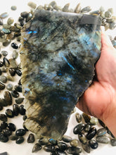 Load image into Gallery viewer, LABRADORITE Slab || Strong Blue Flash || Polished || Slice || STAND INCLUDED || Dark Academia Aesthetic || Stone of Magic and Transformation
