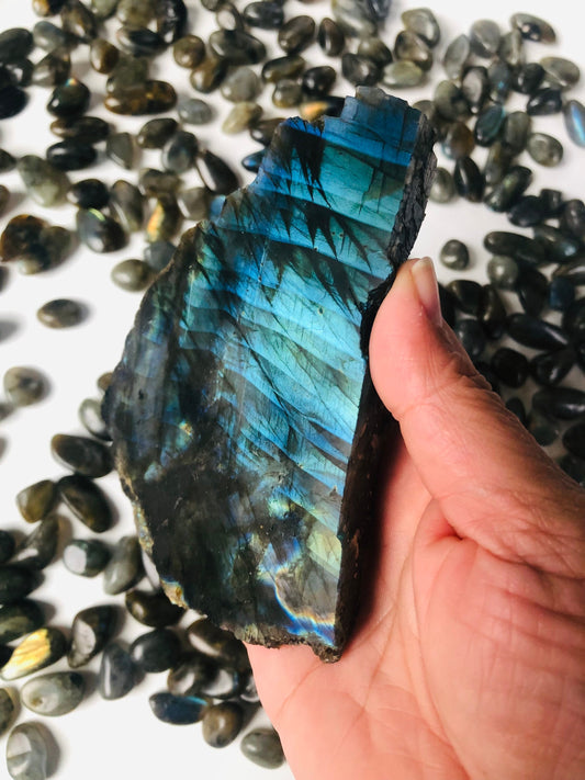 Labradorite Slab || Strong Blue Flash || Half Polished || Slice || Free Form || STAND INCLUDED