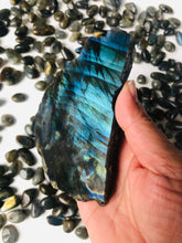 Load image into Gallery viewer, Labradorite Slab || Strong Blue Flash || Half Polished || Slice || Free Form || STAND INCLUDED
