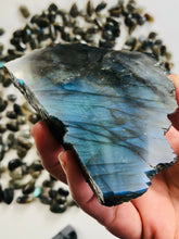 Load image into Gallery viewer, LABRADORITE Slab || Strong Blue Flash || Polished || Slice || STAND INCLUDED || Dark Academia Aesthetic || Stone of Magic and Transformation
