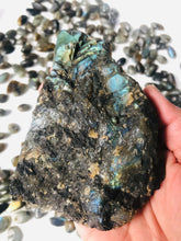 Load image into Gallery viewer, Labradorite Slab || Strong Blue Flash || Half Polished || Slice || Free Form || STAND INCLUDED
