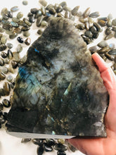 Load image into Gallery viewer, Labradorite Slab || Strong Blue Flash || Half Polished || Slice || Free Form || STAND INCLUDED
