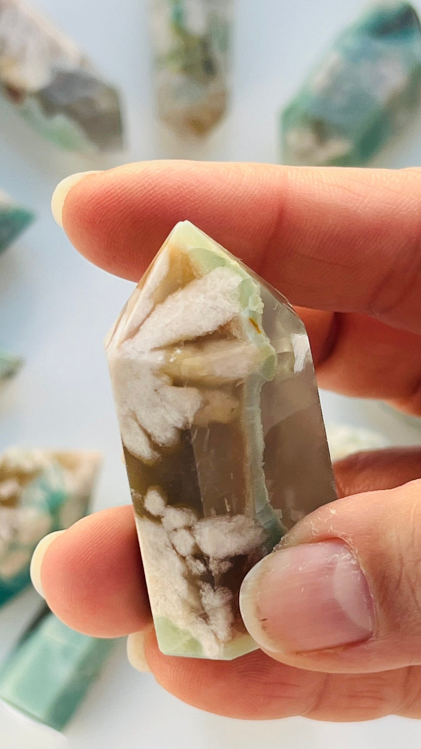 Green Flower Agate Tower  approx 2" inches 44.2 grams grams|| Feminine energy || small chip tip  || Heart and root chakra ||