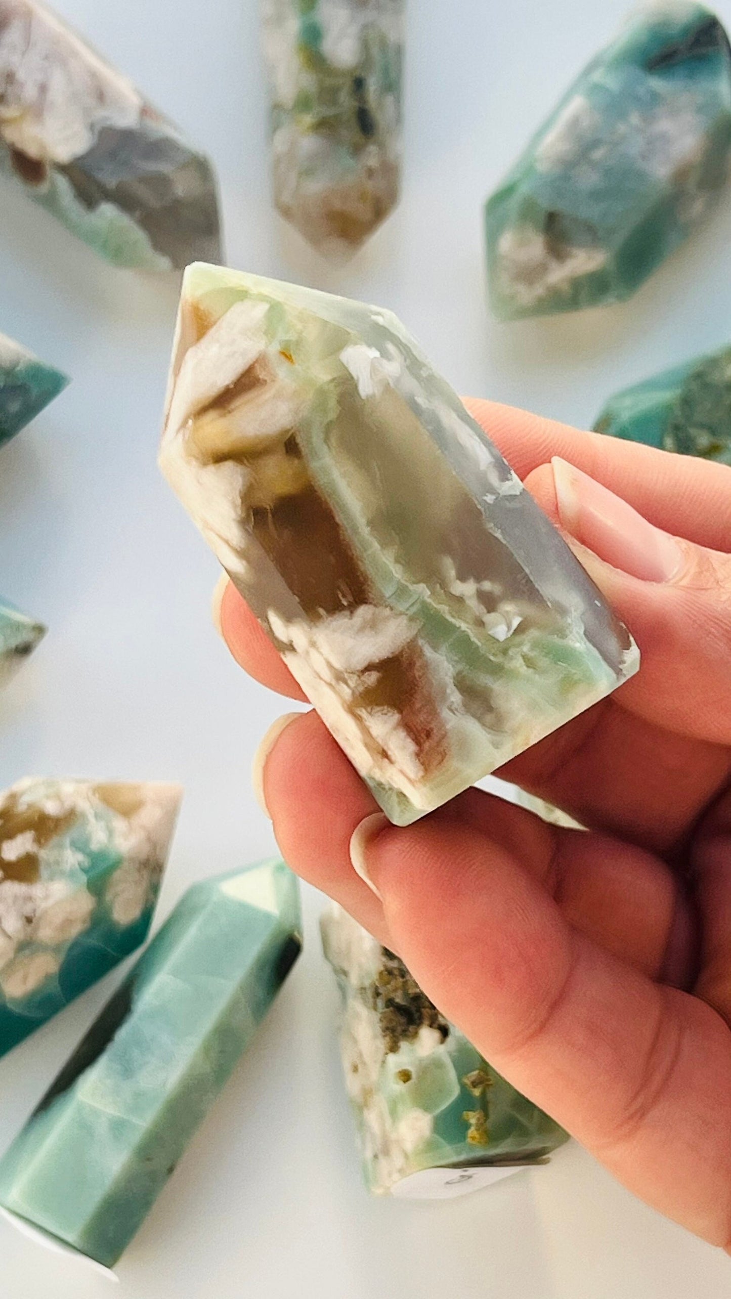 Green Flower Agate Tower  approx 2" inches 44.2 grams grams|| Feminine energy || small chip tip  || Heart and root chakra ||